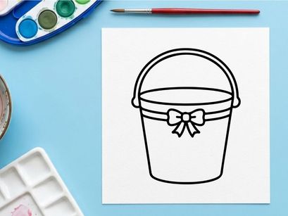 Hand-drawn Easter basket with decorative bow. Minimalist line art gift container for spring celebrations and crafts.