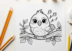 Cute singing baby bird with music notes vector illustration