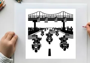 Motorcycle parade under a bridge silhouette
