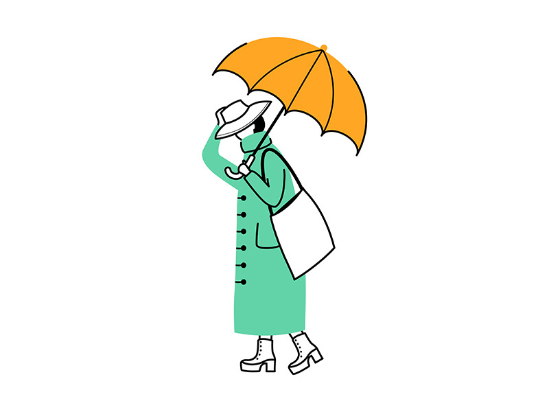 Woman in raincoat flat contour vector illustration