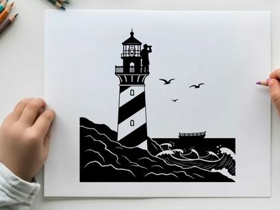 Black and white lighthouse silhouette on a stormy sea with birds flying