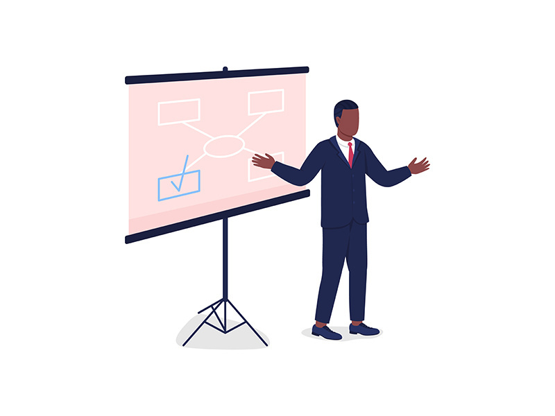 African american man instructing near projector screen flat color vector faceless character