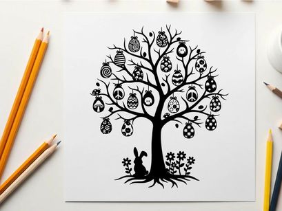 Easter tree silhouette with bunny and decorated eggs