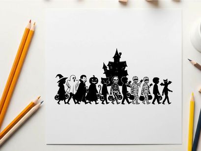 Halloween parade silhouette in front of spooky mansion