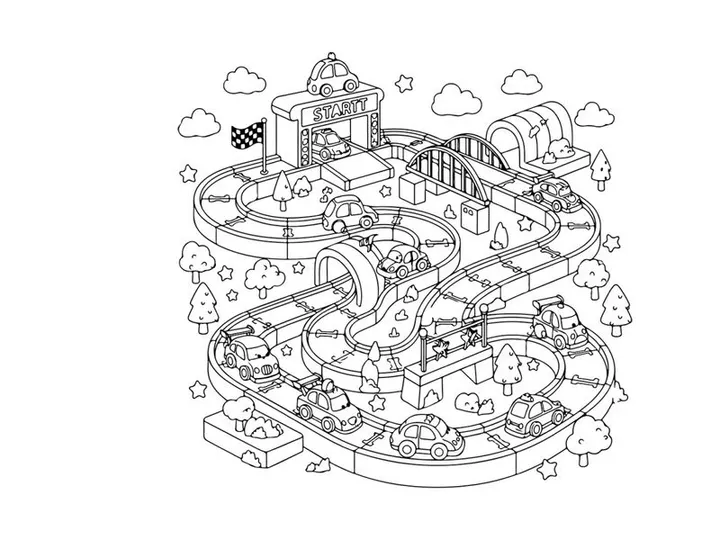 Winter village race track toy set vector illustration