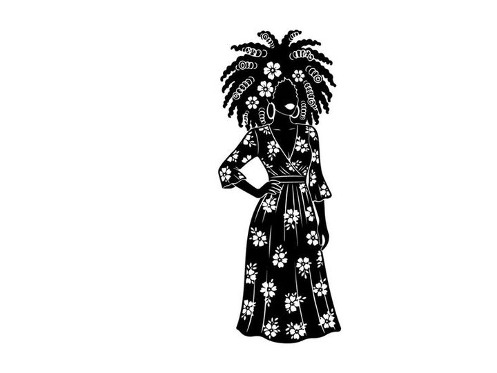 Silhouette of a woman in a floral dress and headdress