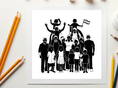 Diverse group of people in silhouette with children on shoulders waving a flag