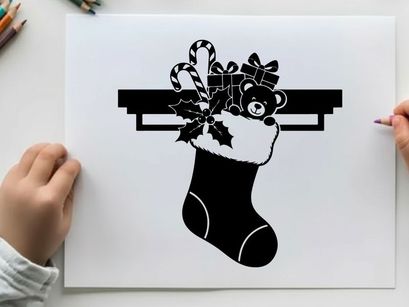 Christmas stocking silhouette with teddy bear and candy cane