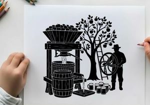 Vintage silhouette of a farmer at a cider press