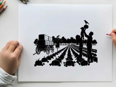 Silhouette of people harvesting pumpkins in a field with a wagon and bird