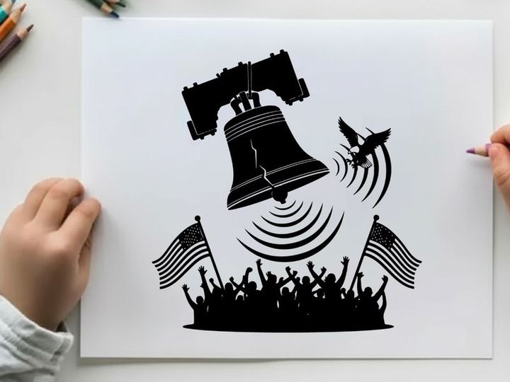 Liberty bell silhouette ringing out freedom with american flags and crowd