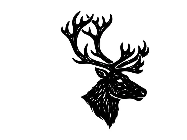 Black and white deer head silhouette illustration with detailed antlers for holiday design.