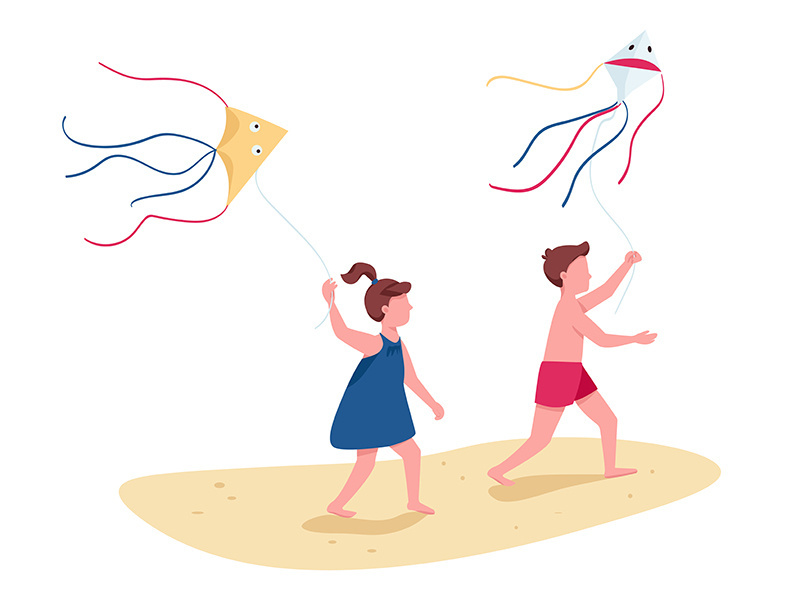 Children running with flying kites flat color vector faceless characters