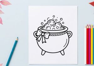 Cute cartoon cauldron with bubbling potion and magical smoke. Whimsical witchcraft cooking illustration for fantasy or Halloween themes.