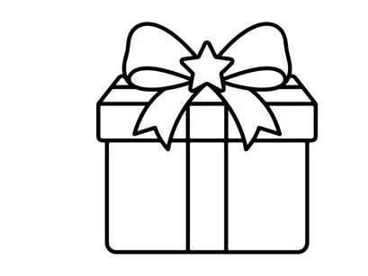 Christmas gift box icon with ribbon bow, simple black and white line art vector illustration