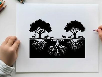 ilustración vectorial de ciervo bajo árboles junto al agua