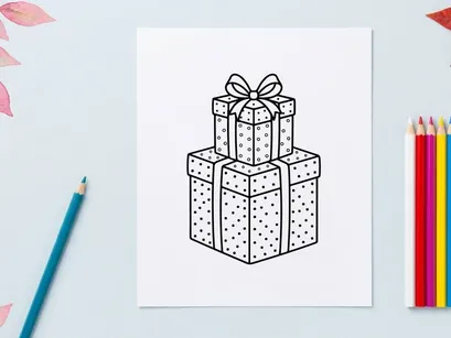 Christmas gift boxes with ribbons, black and white line art drawing for coloring page.