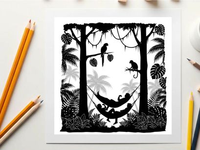 Silhouette of a tropical forest scene with people in a hammock