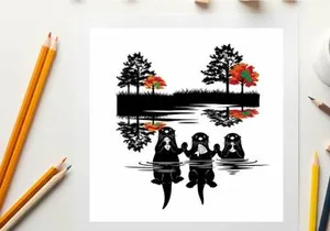 Three otters silhouette swimming in lake with trees and autumn leaves
