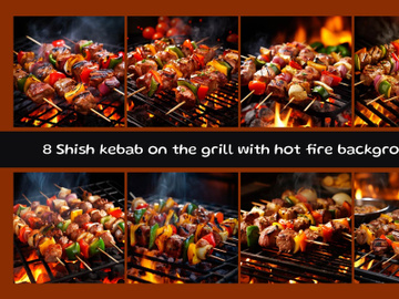 Shish kebab on the grill with hot fire background preview picture