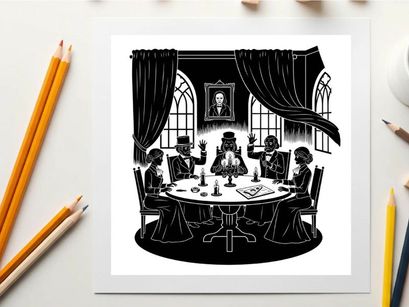 Silhouette of people gathered around a ouija board in a dimly lit room