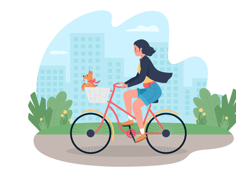 Woman on bicycle with dog in basket 2D vector web banner, poster