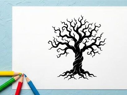 Silueta negra de un árbol sin hojas, retorcido con ramas nudosas
