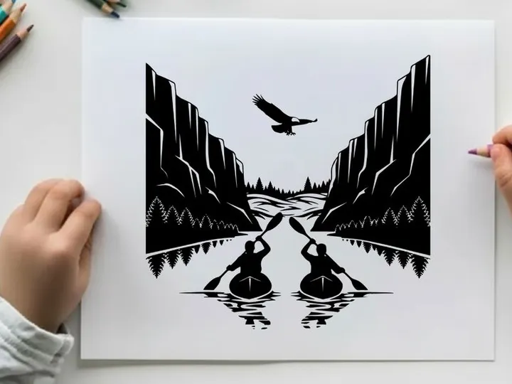 Silhouette of two kayakers paddling through a scenic river gorge silhouette