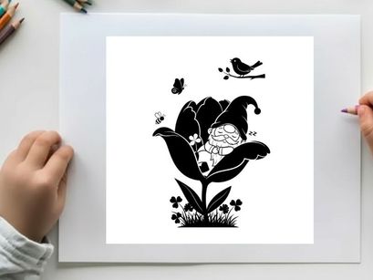 Silhouette of a smiling gnome in a flower with a bird and butterflies