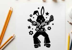 Silhouette of a funky dancing rabbit in flowers and stars