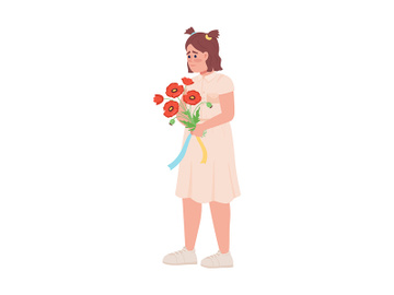 Sad Ukrainian child with bouquet with semi flat color vector character preview picture