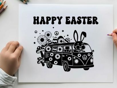 Easter bunny silhouette drives vw van with flowers peace signs