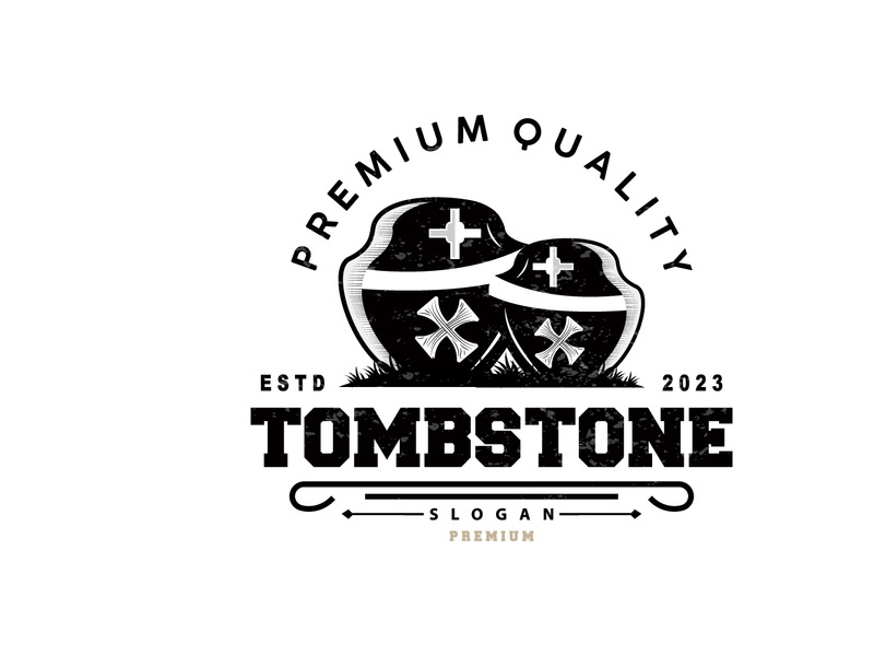 Tombstone Logo, Tomb Cemetery Cross, Vector Vintage