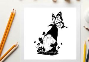 Silhouette of a gnome with a butterfly and hearts