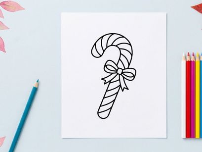 Christmas candy cane line art illustration with a decorative bow on white background