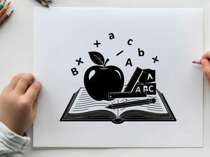 Silhouette of apple and books with floating alphabet silhouette