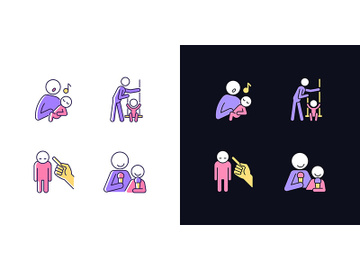 Child care light and dark theme RGB color icons set preview picture