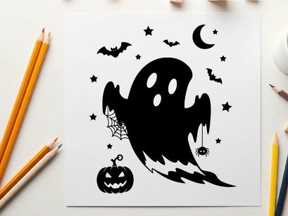 Halloween silhouette of a ghost with bats and pumpkin