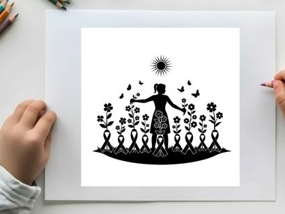 Silhouette of a woman surrounded by flowers and birds in a garden silhouette