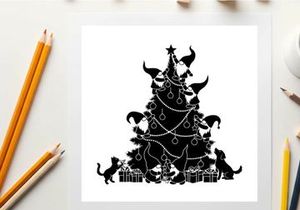 Black silhouette of a christmas tree with cats and presents