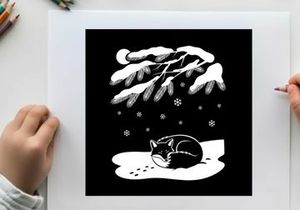A cat sleeping in snow under pine tree silhouette