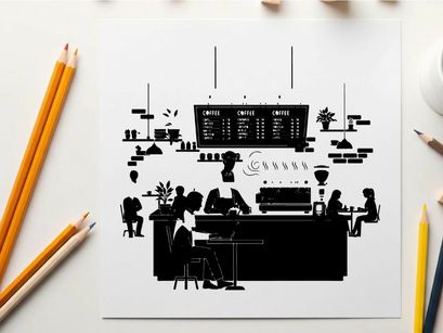 Silhouette of people in a modern coffee shop interior