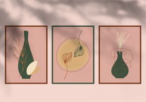 Abstract botanical poster set. Contemporary nature background set bohemian aesthetic, boho minimalist wall decor. Vector illustration.