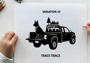 Silhouette of dog in pickup truck with trees