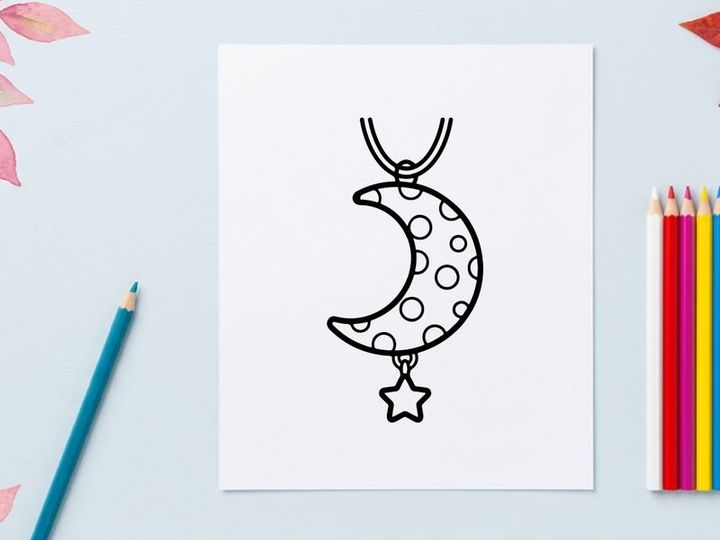Colgante de luna creciente y estrella en cordón negro. Joyería celeste minimalista con patrón de puntos para moda y accesorios.