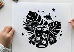 Silhouette of tropical cocktail with umbrella and palm leaves silhouette