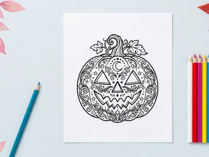 Hand-drawn Halloween pumpkin illustration with spooky face design. Intricate black and white sketch of jack-o'-lantern with floral swirls for seaso...