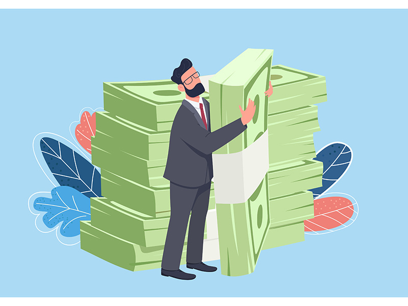 Businessman hugging big cash pack flat concept vector illustration