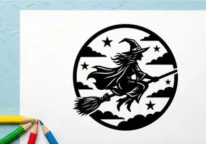 Witch Flying on Broomstick in Night Sky with Stars and Clouds