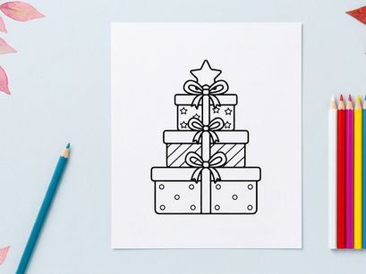 Christmas gift boxes stack with ribbons and star topper, black and white line art icon.